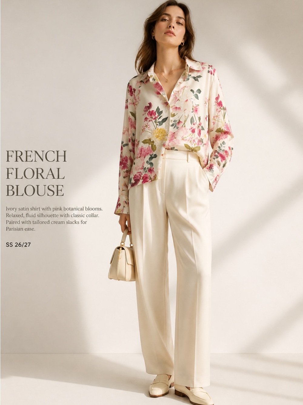 Zara Ivory Satin Floral Blouse with Pink and Yellow Botanical Print